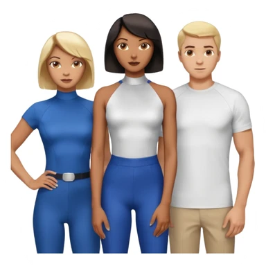 3 Friends standing side by side, charlie's angels style: 1 black woman with a short flat pressed bob, 1 hispanic man with a thin nose and long hair, and 1 white guy with blue eyes and a short brown-blonde haircut sticker
