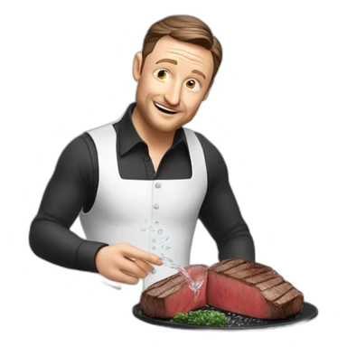tim robinson dark black slicked back hair white long sleeve shirt with a light grey vest pouring water on a steak sticker