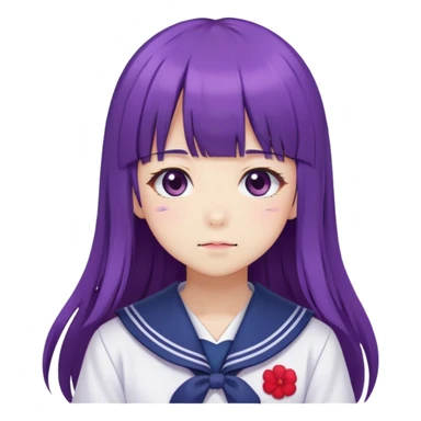 Shy anime girl with purple long hair and bangs wearing Japanese sailor style school uniform, blushing, kawaii style sticker