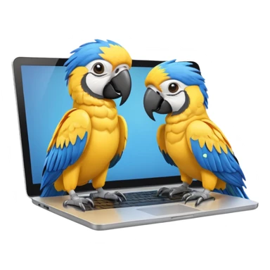 Two yellow and blue macaws using a laptop sticker