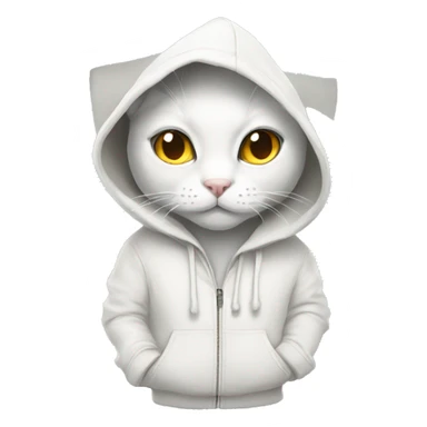 A white cat wearing a hoodie sticker