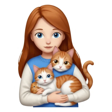a girl with long brown hair, with blue eyes, in a
white sweater, hugs 3 cats a brown tabby and white, a ginger and white and a grey and white sticker