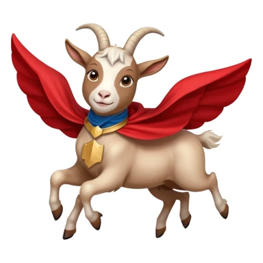 side view of white female goat wearing a read cape like superman sticker