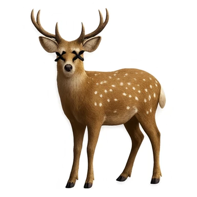 Overlay cartoon X's on the eyes in the exact same style and position as the deer image, referencing the deer for the X style. Keep everything else 100% identical—pose, style, lighting, and details. Make the background transparent. sticker