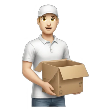 Pale skinned Man in a white cap and gray polo T-shirt with a box into his hands sticker