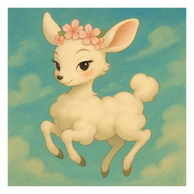 Transform this feminine vanilla cloud doe with rosy cheeks and cherry flowers on its head, floating gracefully, into a dreamy, whimsical Ghibli-inspired style while keeping Pixar-inspired charm. Emphasize confidence, charm, and subtle allure, suitable for a social media brand mascot. Blend Ghibli and Pixar influences for brand identity, with a soft, elegant, and magical look. sticker