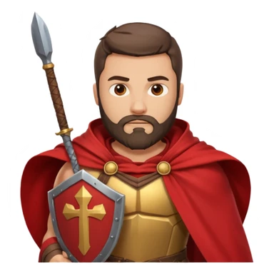 An emoji portrait of a Spartan warrior. He has a determined expression and a beard. He wears a red cloak and holds a shield with a lambda symbol. sticker