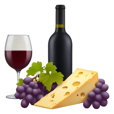 wine bottle with wine glass and grapes and cheese sticker