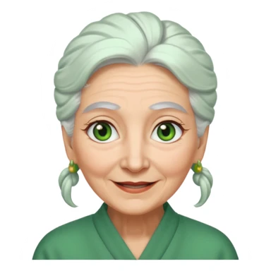 abuela con ojos verdes, pelo blanco, pelo blanco y amarrado, aspecto feliz, pelo blanco, no verde, solo verde los ojos sticker
