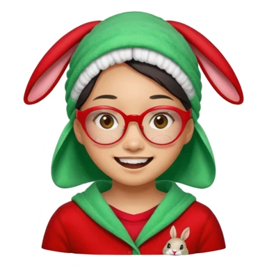 Asian woman wearing a green towel in her head with a broken glasses on her face in red pajamas her smile with rabbit front teeth and the cloth should be red sticker