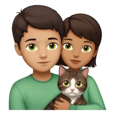 Crea un emoji donde salga un chico de pelo moreno con los ojos claros, una chica de pelo morena con los ojos marrones y UN gato europeo comun de pelaje marron oscuro y ojos verde claro, quiero que se esten abrazando el chico y la chica, y el gato este en el medio de los dos sticker