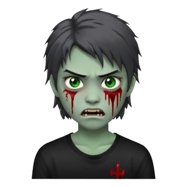 3D emoji-style avatar with grey zombie skin, dark brown hair, a young Asian face, and large green eyes with blood tears. Give it white litle bit messy mullet hair style , silver hoop earrings, and a plain black T-shirt. The face expression should be slightly angry, with vampire fang sticker
