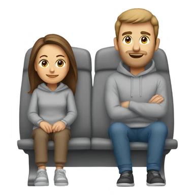 airplane, featuring a white woman with long brown hair, dressed in a soft grey sweatshirt and sweatpants. She’s sitting next to her husband, a white man with short brown hair, who’s also wearing a matching grey sweat suit.  sticker