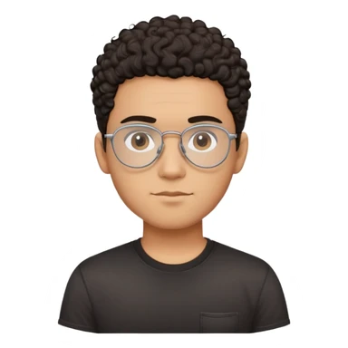 Young Latino male with small oval face, prominent forehead, aviator eyeglasses with metal frames, completely shaved sides with minimal dark curly hair on top only, gentle neutral expression, brown skin tone, simple black t-shirt sticker