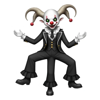 full-body demonic clown in black and white leisure suit with bellbottom pants, bald, black ram horns, flashy black and white belt, ruffled white shirt, no neck tie, large fangs sticker