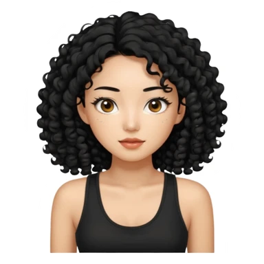 Korean woman with black cute long curly hair  with a black top tank with long lashes sticker