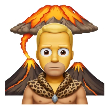 a simpson guy wearing ancient animal skin cloth with volcano behind, half body, icon sticker