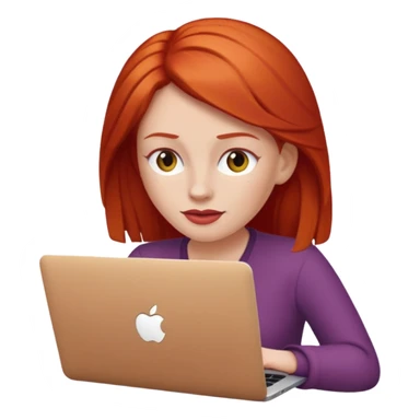 white-skinned red-haired woman using a MacBook, emoji style sticker