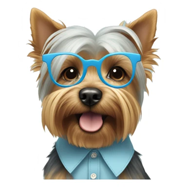 Yorkshire terrier dog with pastel blue glasses and a pastel blue shirt sticker