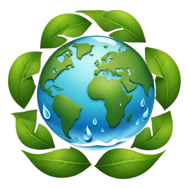 An icon featuring a globe with green leaves, a recycling symbol, and a water droplet, symbolizing ecology. The design includes trees, animals, and renewable energy icons, representing the study of ecosystems, environmental protection, and sustainability. Transparent background sticker
