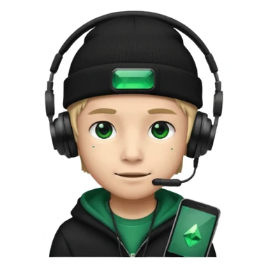 garcon avec un bonnet noir avec un emeraude dessus et un casque gaming sticker