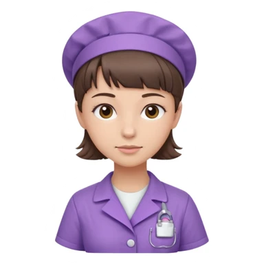 A young female slim nurse with short Brown hair with fringe over her forehead, wearing larvendar purple working cloth, without hat sticker