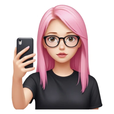 A teenage girl taking a selfie in a school bathroom. She has long, straight blonde and pink-dyed hair, wears rectangular glasses and a black shirt. Her expression is neutral with glossy lips sticker