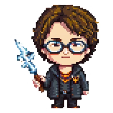 Harry Potter character with glasses and lightning bolt scar in pixel art style sticker