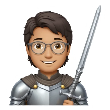 young half-Asian man with slightly wavy hair, glasses, dressed as a knight in shining armor, holding a sword, friendly expression, normal guy sticker
