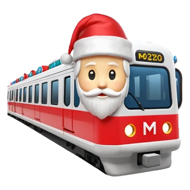 Apple iOS style 3D emoji of a
Moscow Metro train (modern
"Moskva-2020" model) decorated for
New Year. The train has a large red Santa hat on its front and is wrapped in glowing LED garlands. A bright iconic red letter
"M" logo is positioned next to it. Smooth glossy plastic, soft 3D render,  sticker
