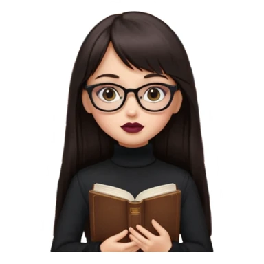 generate a pretty bratz girl with black small square spectacles, dark lipstick, black turtleneck , books in hand, dark brown straight long hair with bangs, eyeliner on,  sticker