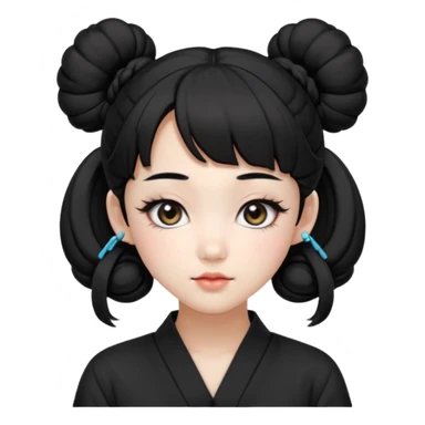 a beautiful girl face, wearing cute korean makeup, black hair, tied into two buns low near the ears with front bangs, kpop idol sticker