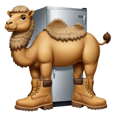 A stainless steel refrigerator with a camel head emerging from the freezer door and camel legs with tan Timberland work boots at the bottom sticker