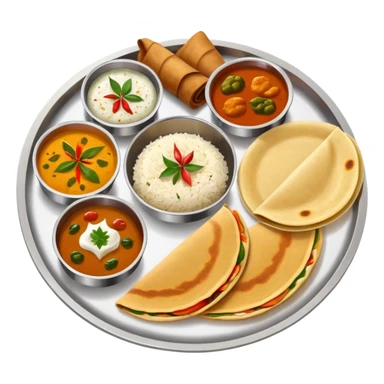 South Indian thali platter with dosa, sambar, chutneys, and rice sticker