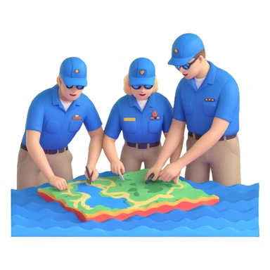 Team of marine geologists examining 3D maps of underwater terrain created from sonar data sticker