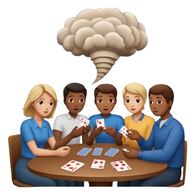 people sitting around a game table with a tornado sticker