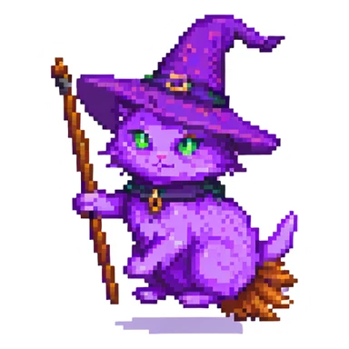 A purple witch cat, pixel art style, flying on a broom. sticker