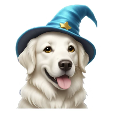 White Golden retriever wearing a wizard hat sticker