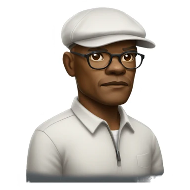 bald samuel l jackson serious wearing shirt and Kangol sticker