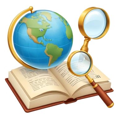 An icon featuring an open book, a speech bubble, and a magnifying glass, symbolizing philology and linguistics. The design includes language symbols, a globe, and alphabet letters, representing the study of languages and their structures. Transparent background  sticker