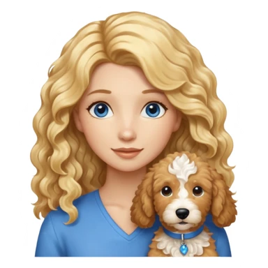 Long blonde hair, blue eyed woman with wavy blond goldendoodle sticker