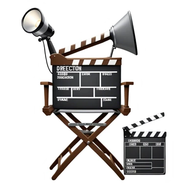 Icon for Directing: a director's chair, a film slate, a megaphone, and a stage set with lights. The icon should represent the creative and leadership aspects of directing, with focus on film and theater production. Transparent background. sticker