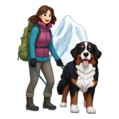 bernese mountain dog hiking with a woman with brown hairr a mountain in snow sticker