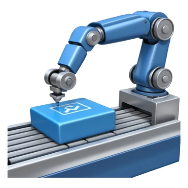 robot arm which is picking blue block on conveyor belt sticker