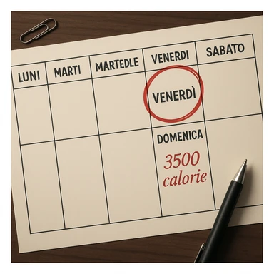 Hyperrealistic top-down view of a weekly calendar in Italian, showing days from Monday to Sunday. Friday is circled in red. Below both Saturday and Sunday, the text '3500 calorie' is in red italic. The scene has 4K details and a desk atmosphere. sticker
