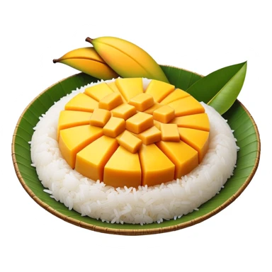 cinematic-realistic-mango-sticky-rice-dessert-emoji,-showcasing-sweet-sticky-rice out of a mould-paired-with-ripe-mango-slices-and-coconut-milk-rendered-with-lifelike-detail-and-warm,-inviting-lighting with the coconut  milk over the rice sticker