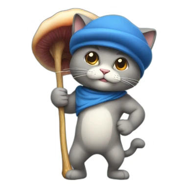 Strong muscles Blue cat NO ears  wearing a mushroom cap carrying a stick in one arm standing on two legs with pants sticker