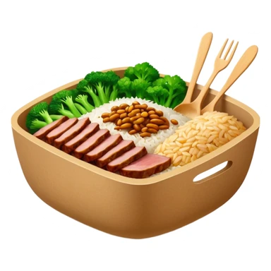 Retangular bowl made of kraft paper, 
The lunch box should be the most similar to this real one..
https://i.postimg.cc/FKcHz1tk/Screenshot-2025-11-11-alle-16-06-29.png

Can get more images of the bowl https://www.instagram.com/chefaporterbr/
Put inside food, like rice, green vegetables and meat. sticker