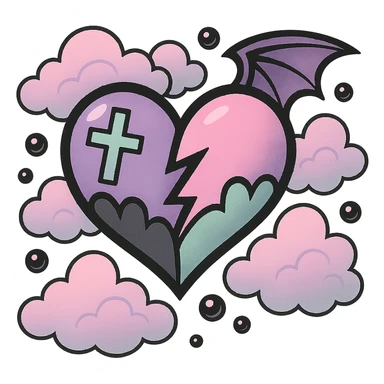 Remove the background, keep the pastel goth heart with pastel clouds and black pearls, transparent background. sticker