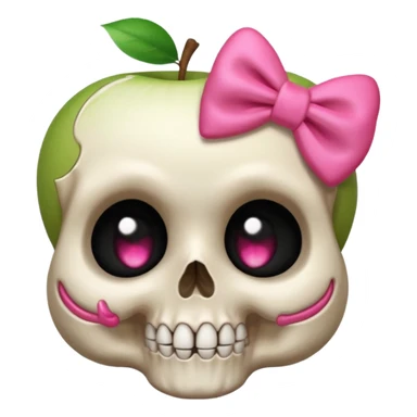 a shy skull with a pink bow, blushing cheeks, shy expression, apple style emoji sticker
